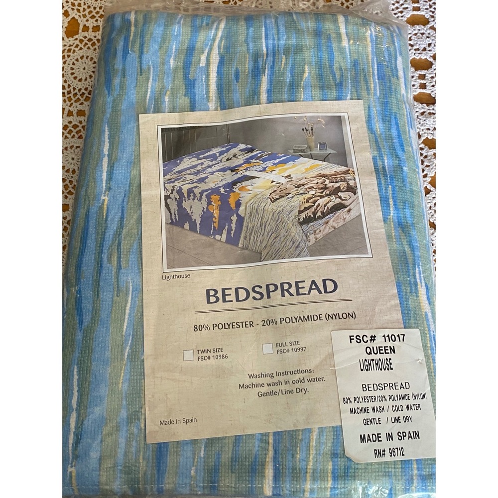 FSC Lighthouse Bedspread Queen Blue NWT Nautical Scenic‎ Made in Spain 11017